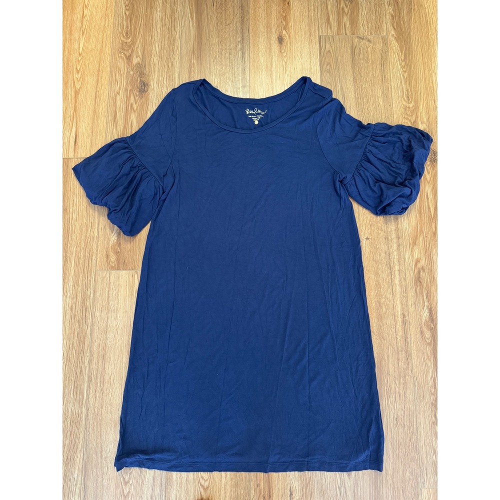 Lilly Pulitzer Navy Blue Puff Sleeve Shift Dress Viscose Knit Large RN88189
